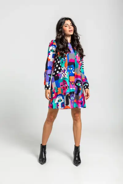 Vestido Corte A Bolsillos de estampado geométrico caras Picasso - IMPERFECTA Lolina