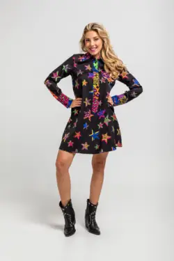 Vestido corte A maxi cuello camisero de estampado de estrellas con animal print - Shiny Girl Lolina