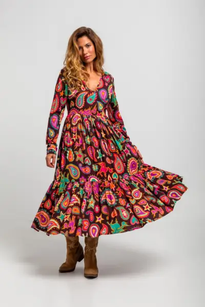Vestido escote pico de estampado paisley marrón chocolate - Freedoom Lolina