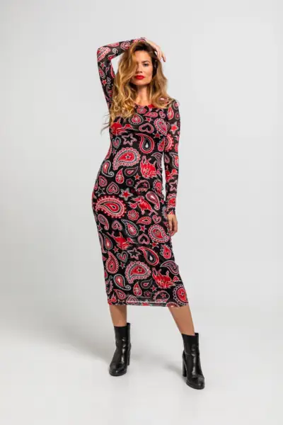 Vestido tul entallado de estampado paisley cachemir negro - Alma Libre Lolina