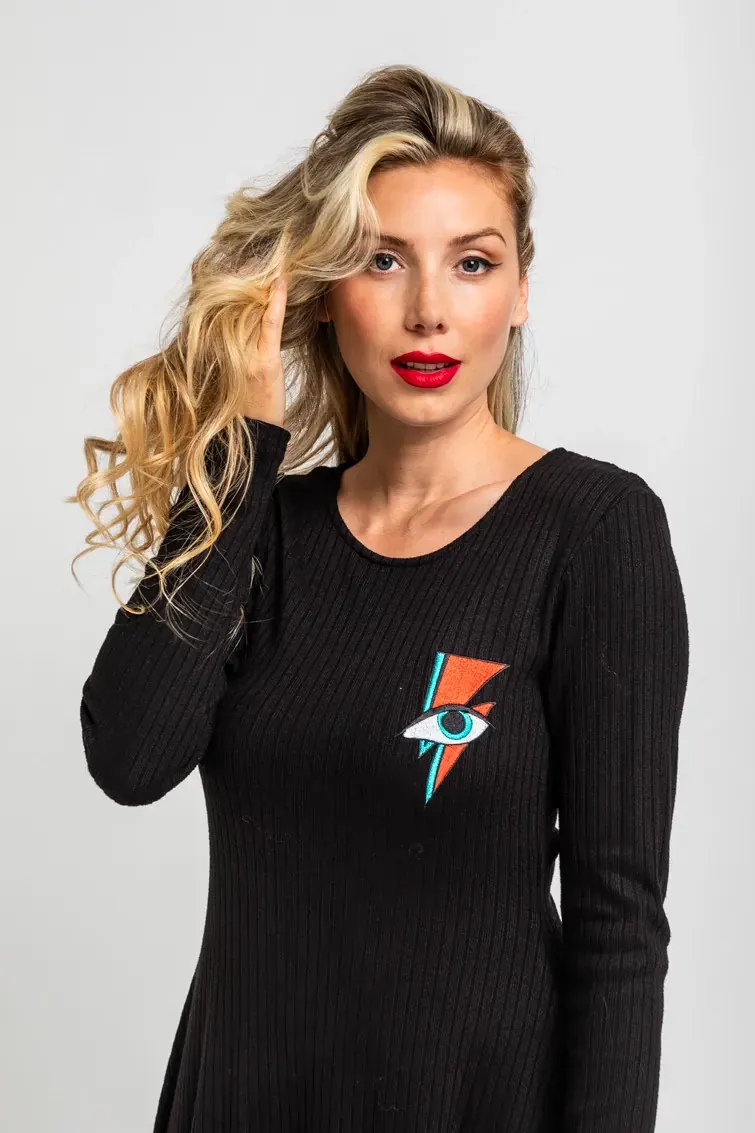 Vestido Mini Vuelo canalé negro con rayo y ojo - Let's Dance Lolina Vestido Mini Vuelo canalé negro con rayo y ojo - Let's Dance Lolina