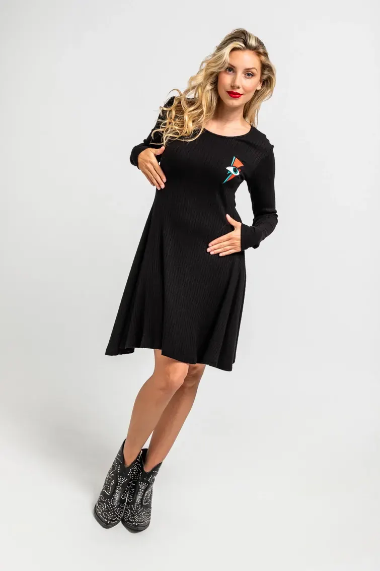 Vestido Mini Vuelo canalé negro con rayo y ojo - Let's Dance Lolina Vestido Mini Vuelo canalé negro con rayo y ojo - Let's Dance Lolina