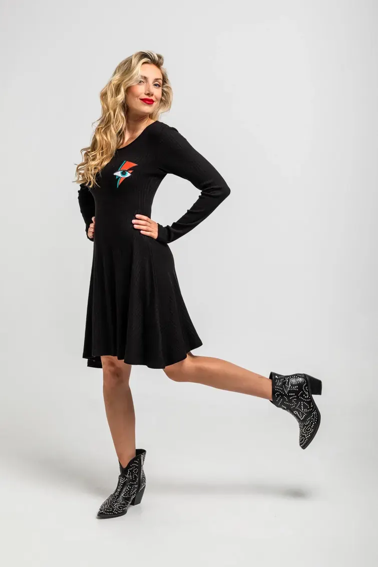 Vestido Mini Vuelo canalé negro con rayo y ojo - Let's Dance Lolina Vestido Mini Vuelo canalé negro con rayo y ojo - Let's Dance Lolina