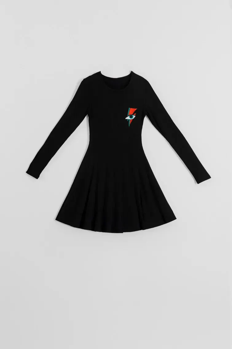 Vestido Mini Vuelo canalé negro con rayo y ojo - Let's Dance Lolina Vestido Mini Vuelo canalé negro con rayo y ojo - Let's Dance Lolina